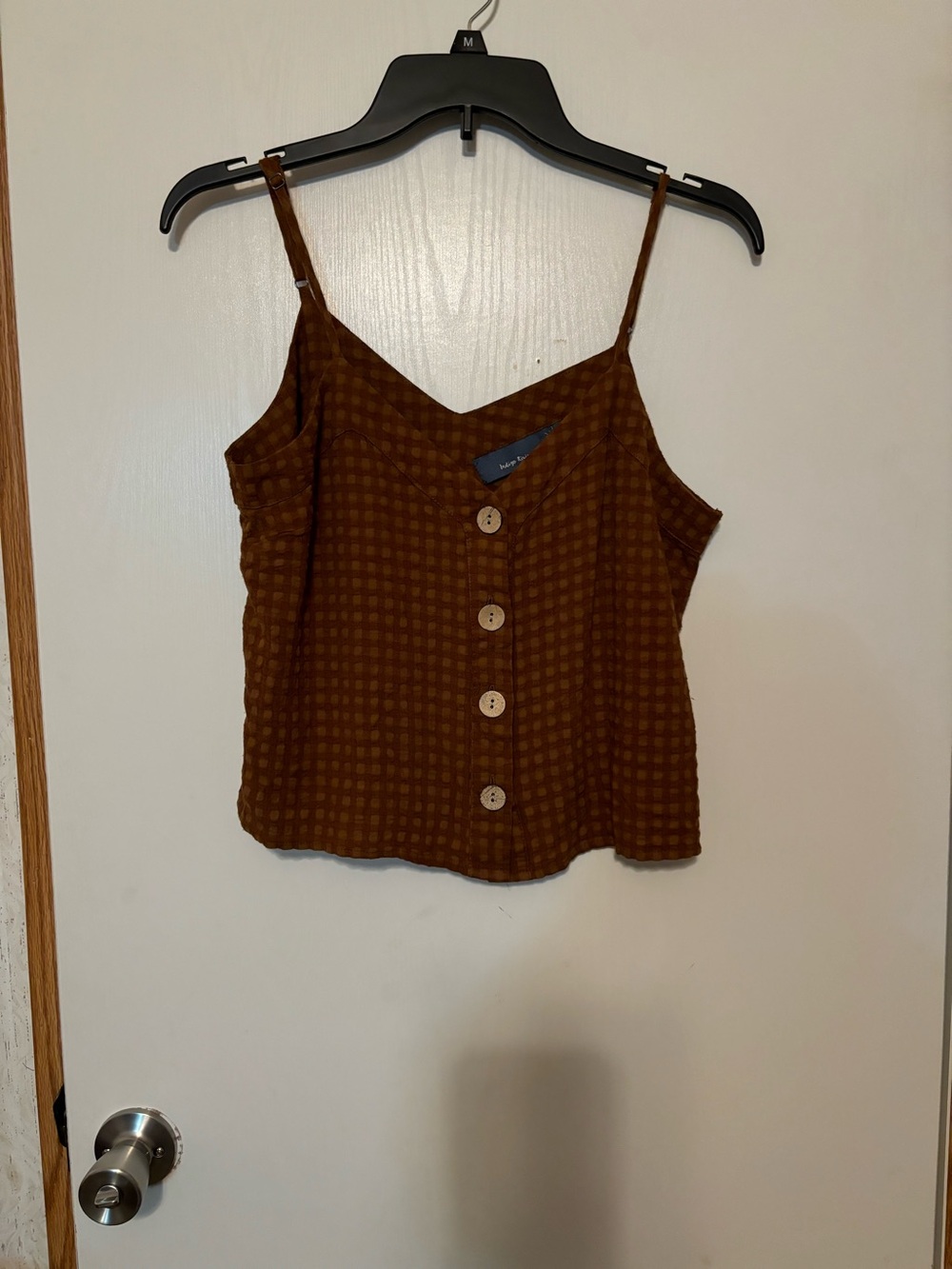 Brown Checked Button-Front Spaghetti Strap Crop Top